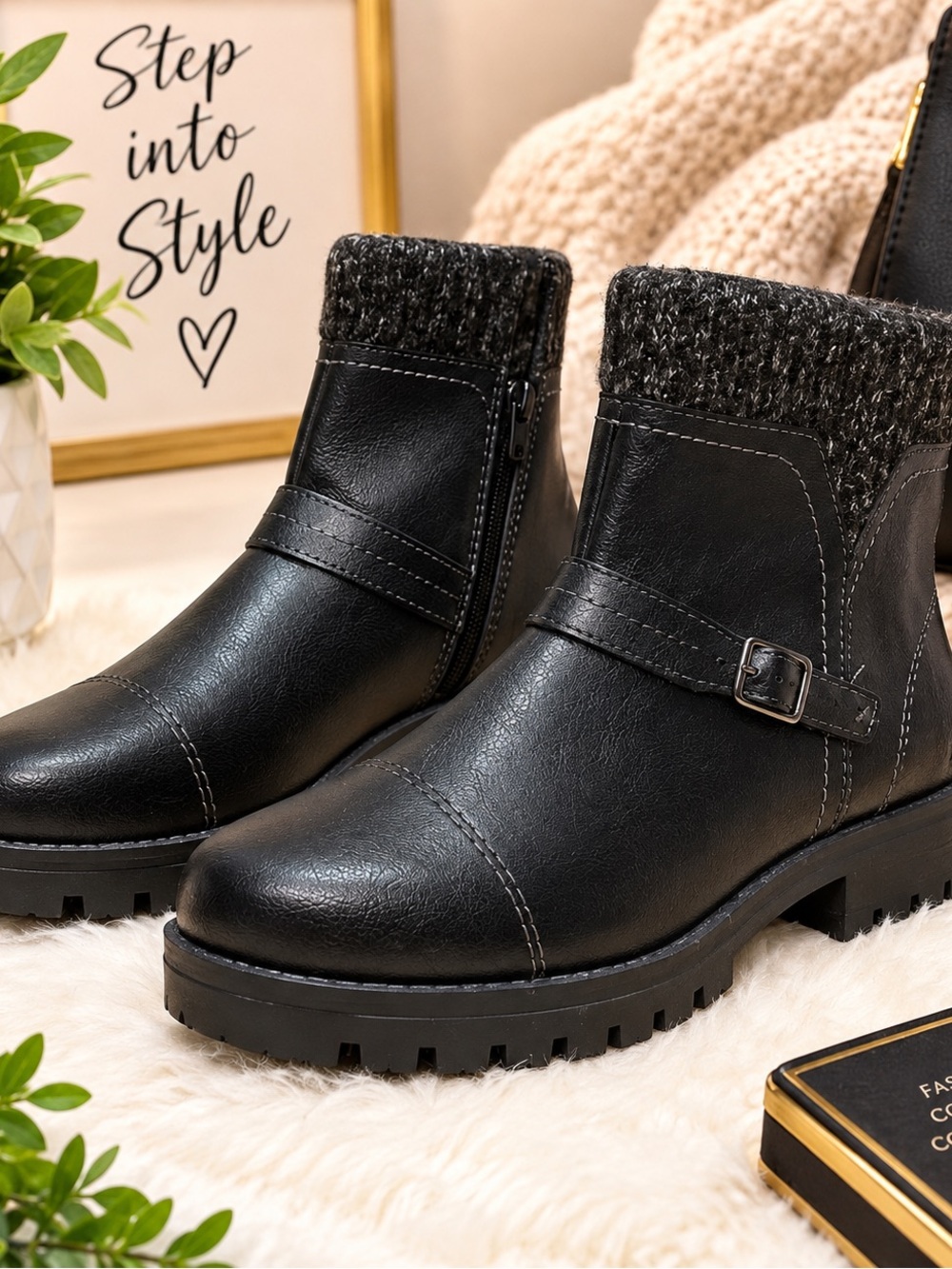 Women's Black Ankle Booties with Knit Collar and Buckle